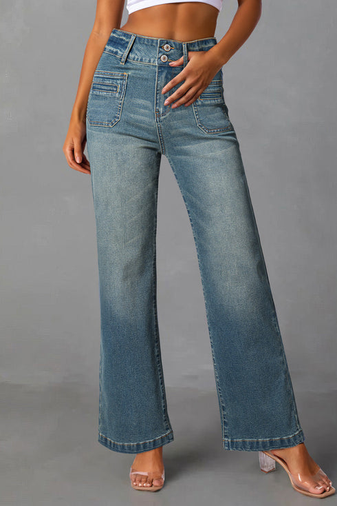 Vintage Wash Double Button Front Patch Pocket Flare Jeans
